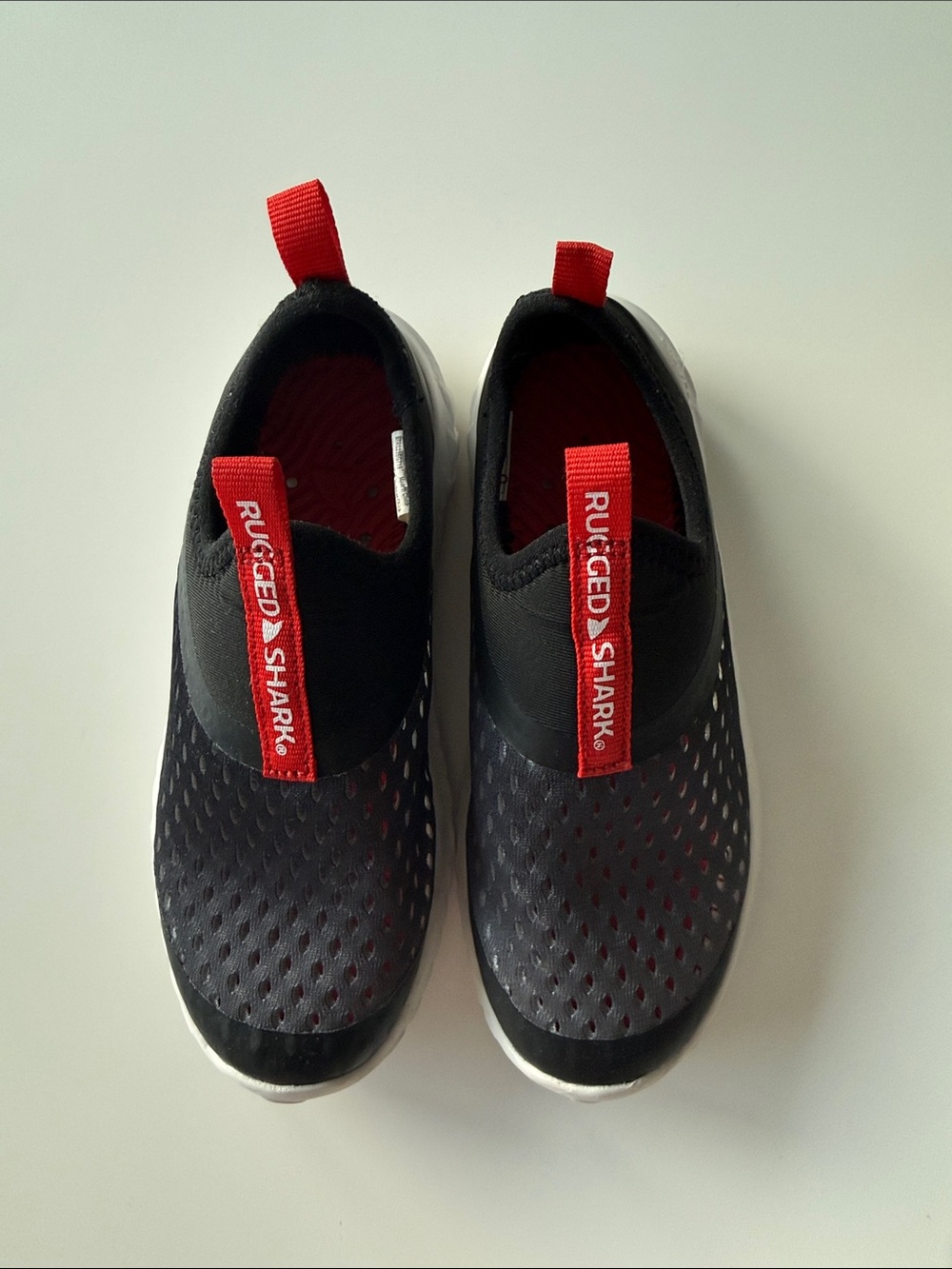 Rugged Shark Kids Black and Red Slip-On Sneakers